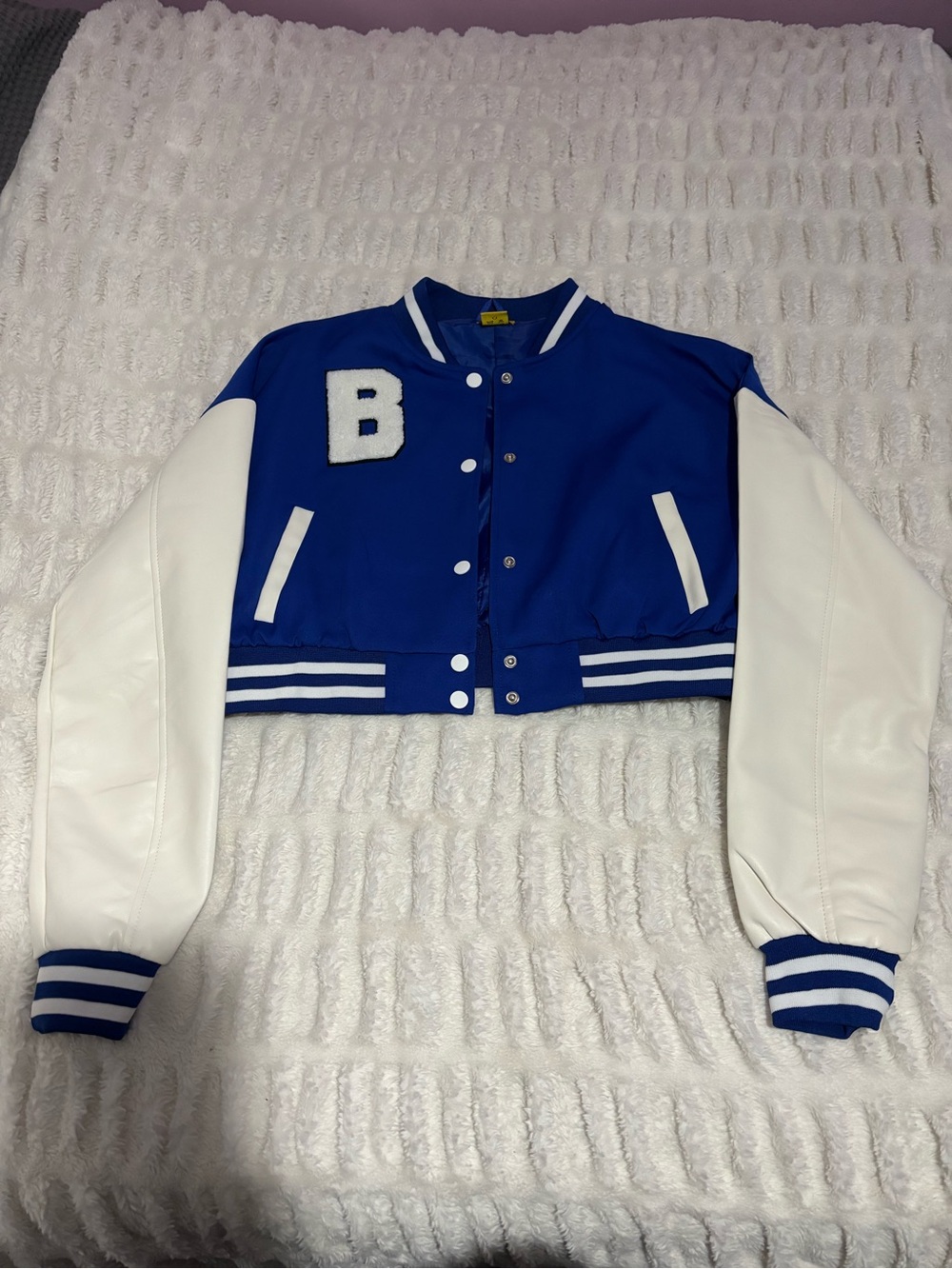 Blue and White Cropped Varsity Jacket with 'B' Patch
